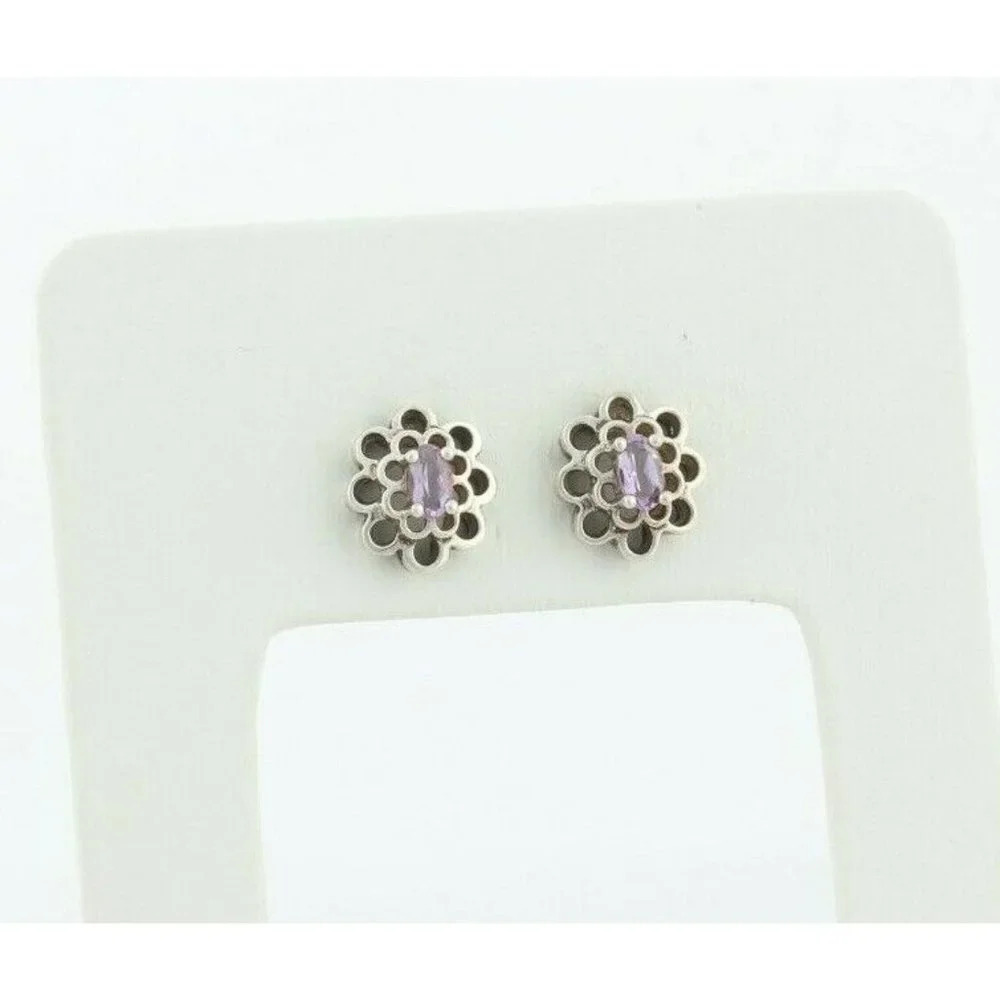 Sterling Silver Purple Amethyst Flower Earrings Stud Post Earrings - Picture 4 of 7